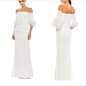 Mac‎ Duggal 11441 Long Off Shoulder Formal Gown Feathered Sleeve WHITE SZ 8 NWT